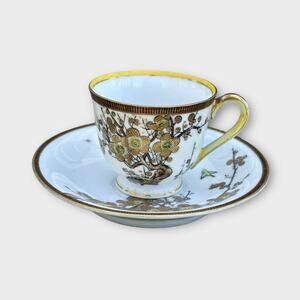Vintage Occupied Japan Teacup & Saucer Floral Birds Gold Colored
